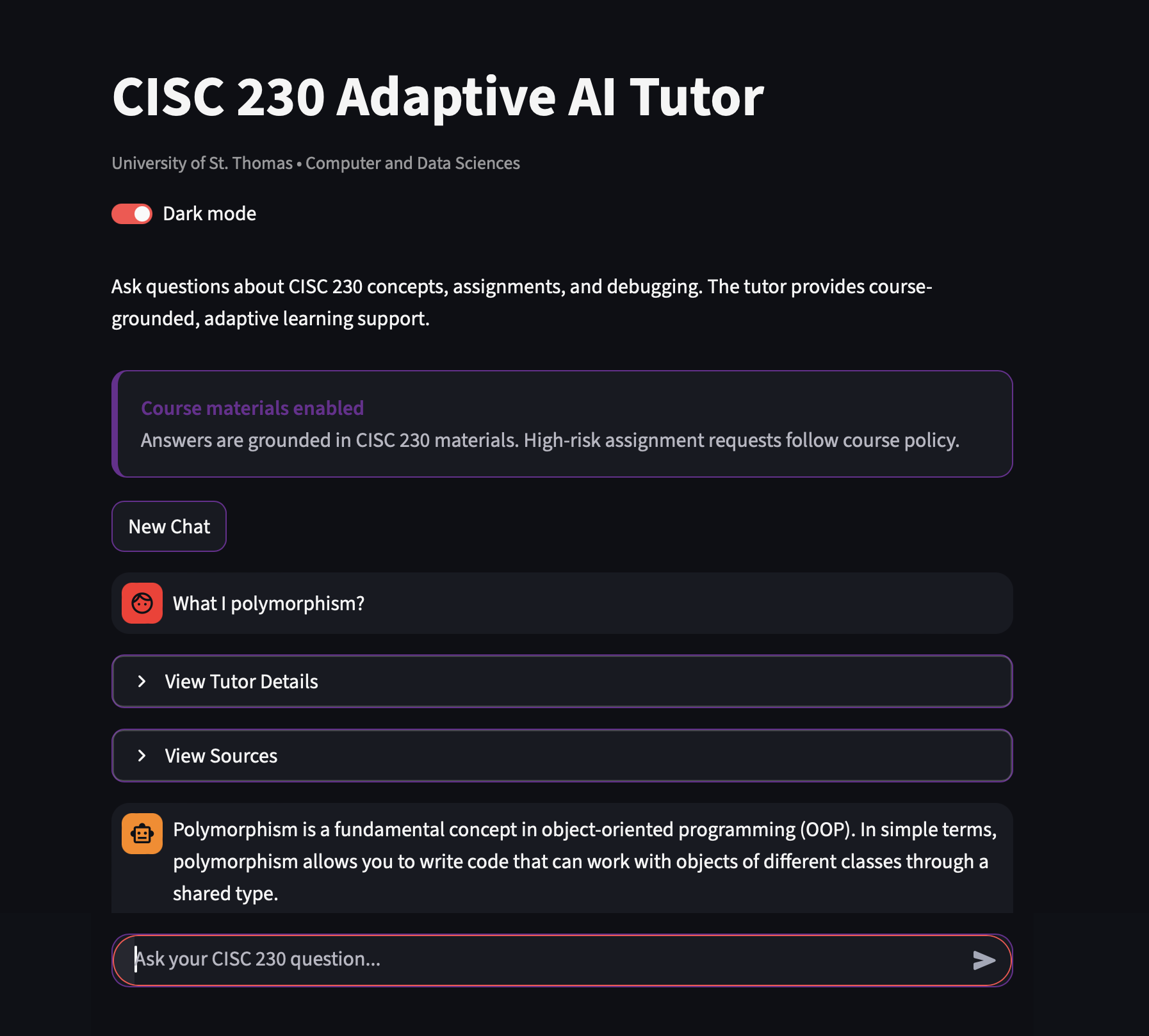 CISC 230 Course-Aware Adaptive AI Tutor interface