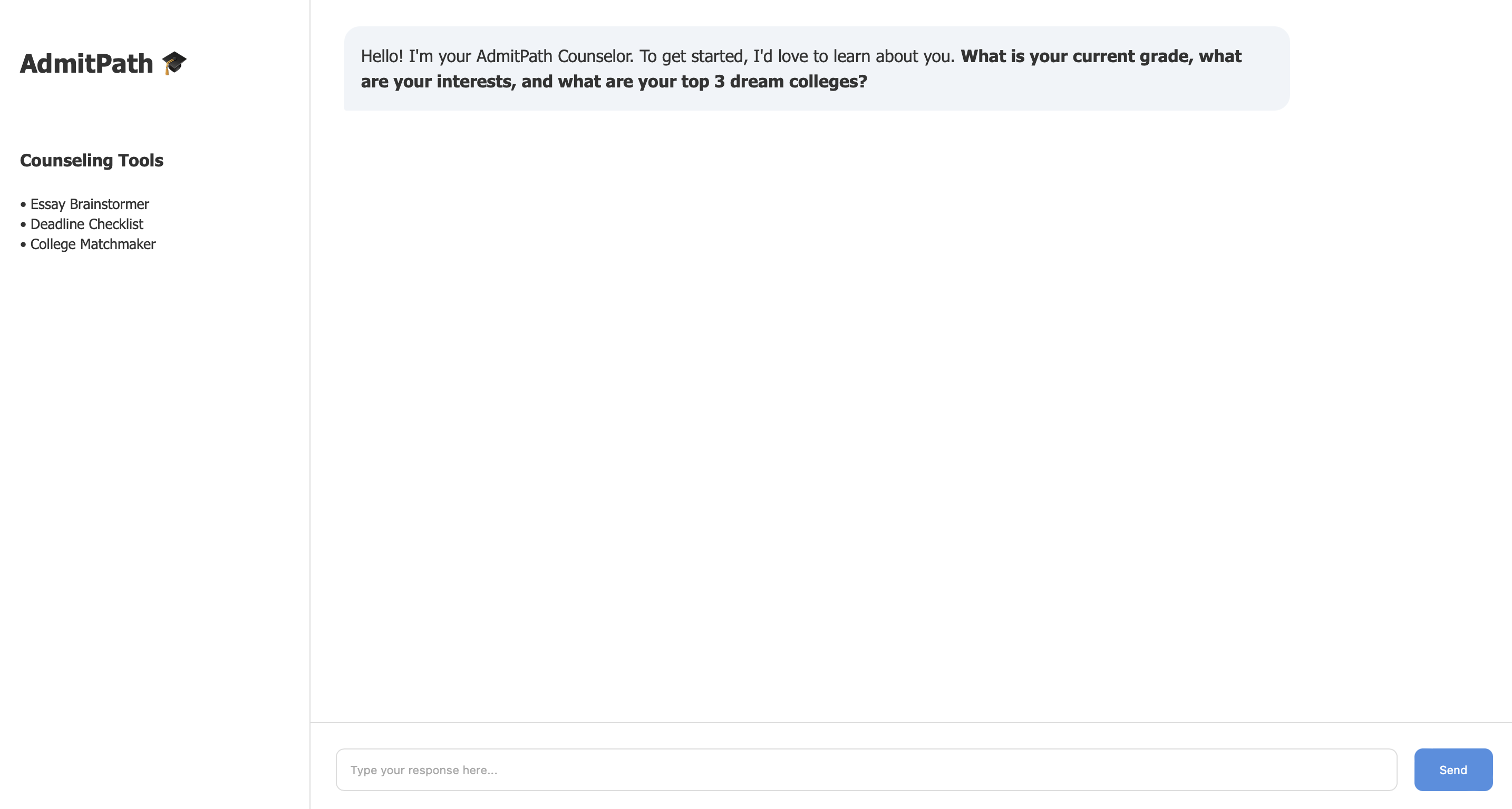 AdmitPath AI counselor chatbot interface
